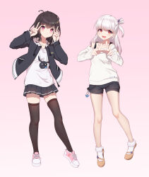 Rule 34 | 2girls, :d, absurdres, alicetrina, bare shoulders, black hair, black jacket, black shorts, black skirt, black thighhighs, blush, brown footwear, chinese commentary, closed mouth, collarbone, double v, flats, full body, gradient background, hair between eyes, hair ornament, hands up, highres, hood, jacket, lace-trimmed socks, lace trim, long hair, long sleeves, looking at viewer, multiple girls, off shoulder, one side up, open clothes, open jacket, open mouth, orange footwear, original, pink background, pink footwear, pleated skirt, red eyes, shirt, shoes, short shorts, shorts, simple background, skirt, smile, sneakers, socks, standing, star (symbol), star hair ornament, sweater, thighhighs, v, white hair, white shirt, white socks, white sweater, zettai ryouiki