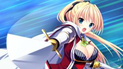 Rule 34 | 1girl, blonde hair, blue eyes, blush, breasts, cape, cleavage, female focus, fighting stance, game cg, hair ribbon, kishi&times;kano, large breasts, long hair, looking at viewer, mikado asuha, minatsuki alumi, open mouth, ponytail, ribbon, serious, simple background, solo, sword, weapon