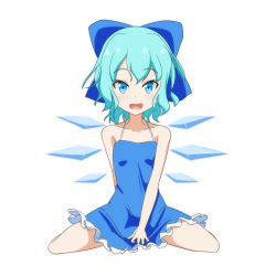 Rule 34 | 1girl, bare shoulders, blue dress, blue eyes, blue hair, bow, casual, cato (monocatienus), cirno, collarbone, dress, hair bow, ice, ice wings, matching hair/eyes, open mouth, short dress, short hair, sitting, solo, touhou, wariza, white background, wings