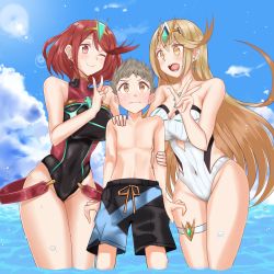 Rule 34 | 1boy, 2girls, blonde hair, breasts, competition swimsuit, highres, ii tea, multiple girls, mythra (radiant beach) (xenoblade), mythra (xenoblade), nintendo, one-piece swimsuit, pyra (pro swimmer) (xenoblade), pyra (xenoblade), red hair, rex (cloud sea shark) (xenoblade), rex (xenoblade), swimsuit, water, xenoblade chronicles (series), xenoblade chronicles 2