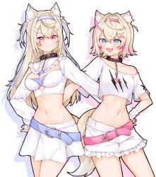 Rule 34 | 2girls, animal ear fluff, animal ears, belt collar, black collar, blonde hair, blue eyes, blue hair, breasts, collar, dog ears, dog girl, dog tail, fang, fuwawa abyssgard, fuwawa abyssgard (1st costume), hair ornament, highres, hololive, hololive english, horn hairband, long hair, ma draws, medium breasts, mococo abyssgard, mococo abyssgard (1st costume), multicolored hair, multiple girls, navel, open mouth, pink eyes, pink hair, short hair, shorts, siblings, sisters, skin fang, skirt, small breasts, spiked collar, spikes, streaked hair, tail, twins, two side up, virtual youtuber, white shorts, white skirt, x hair ornament