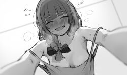 Rule 34 | 1girl, absurdres, blush, bocchi the rock!, braid, braided ponytail, breasts, cleavage, drunk, fang, greyscale, highres, hiroi kikuri, medium breasts, monochrome, open mouth, putama, skin fang, smile, solo, squeans