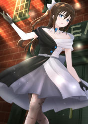 Rule 34 | 1girl, absurdres, aqua eyes, artist name, artist request, back bow, bare shoulders, belt, black dress, black gloves, black skirt, blue eyes, blush, bow, bow hairband, breasts, brick wall, brooch, brown hair, brown pantyhose, buttons, choker, collarbone, diamond (gemstone), dress, drop earrings, earrings, evening gown, female focus, gloves, grey belt, grey bow, grey skirt, hair between eyes, hair bow, hairband, half updo, high ponytail, highres, holding, holding clothes, holding skirt, jewelry, lace, lace gloves, long hair, looking at viewer, love live!, love live! nijigasaki high school idol club, love live! school idol festival, miniskirt, multicolored clothes, multicolored dress, off-shoulder dress, off shoulder, osaka shizuku, outdoors, pantyhose, parted lips, plaid, plaid dress, plaid skirt, pleated, pleated dress, pleated skirt, ponytail, skirt, sleeveless, sleeveless dress, small breasts, smile, solitude rain (love live!), solo, two-tone dress, white bow, white choker, white dress, white skirt, window
