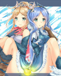 Rule 34 | 2girls, aqua hair, bare shoulders, blonde hair, blue dress, blue hair, braid, dress, golden apple, idunn &amp; idunna, letterboxed, long hair, looking at viewer, multiple girls, natsume kei, natsume koro, open mouth, puzzle &amp; dragons, smile, twin braids, twintails