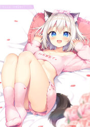 Rule 34 | 1girl, animal ear fluff, animal ears, aoi yun, bare shoulders, bed sheet, blue eyes, blurry, blurry foreground, bow, breasts, cat ears, cat girl, cat tail, claw pose, clothes writing, collarbone, crop top, depth of field, english text, flower, grey hair, hair between eyes, hair bow, hairband, hands up, highres, lying, medium breasts, no shoes, off-shoulder shirt, off shoulder, on back, original, petals, pink bow, pink flower, pink hairband, pink shirt, pink shorts, pink socks, puffy short sleeves, puffy sleeves, shirt, short shorts, short sleeves, shorts, socks, solo, tail, translation request