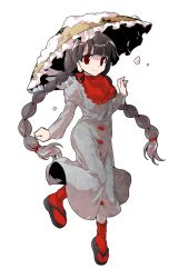 Rule 34 | 1girl, alphes (style), black hair, braid, closed mouth, dairi, full body, hat, long earlobes, long hair, looking at viewer, parody, smile, snow, solo, style parody, tabi, touhou, transparent background, twin braids, twintails, yatadera narumi