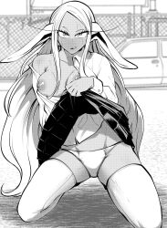 Rule 34 | 1girl, :/, absurdres, animal ears, blurry, blurry background, boku no hero academia, breasts, car, clothes lift, collarbone, collared shirt, commentary, dark-skinned female, dark skin, greyscale, highres, kneeling, large breasts, lifting own clothes, long eyelashes, long hair, looking at viewer, mirko, monochrome, motor vehicle, nipples, nstime23, off shoulder, open clothes, open shirt, panties, parted bangs, pleated skirt, rabbit ears, rabbit girl, school uniform, shirt, single bare shoulder, skirt, skirt lift, solo, sweat, symbol-only commentary, thighhighs, thighs, underwear, very long hair, white hair, white panties, white shirt, white thighhighs