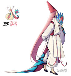 Rule 34 | 1boy, androgynous, arm behind back, black footwear, closed mouth, commentary, creatures (company), from side, game freak, gen 3 pokemon, hand fan, hat, holding, holding fan, japanese clothes, long hair, male focus, milotic, nintendo, personification, pink hair, pokemon, pokemon (creature), red hat, reference inset, signature, simple background, tamtamdi, translated, very long hair, white background