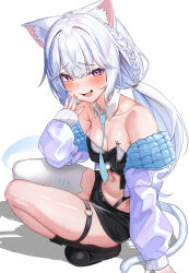 Rule 34 | 1girl, absurdres, animal ears, bare shoulders, black footwear, blush, braid, breasts, cat ears, cat girl, cat tail, character request, chest tattoo, cleavage, full body, highres, jacket, jacket partially removed, long hair, looking at viewer, navel, open mouth, purple eyes, purple jacket, raag jp, short shorts, shorts, simple background, single thighhigh, small breasts, smile, solo, stomach, tail, tattoo, thighhighs, thighs, virtual youtuber, white background, white hair, yellow eyes