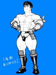 Rule 34 | 1boy, abs, bara, battle spirits, belt, bikini briefs, blue background, blue theme, bulge, character request, cross scar, facial scar, full body, hair slicked back, hands on own hips, large pectorals, looking at viewer, mabataki, male focus, male pubic hair, male underwear, monochrome, muscular, muscular male, navel, navel hair, nipples, pectorals, pubic hair, scar, scar on cheek, scar on face, scar on nose, short hair, sideburns, solo, stomach, thick thighs, thighs, topless male, underwear