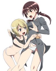 Rule 34 | 2girls, ass, bare shoulders, blonde hair, blue eyes, blush, breasts, brown eyes, brown hair, butt crack, chocolate, collarbone, erica hartmann, eyebrows, gertrud barkhorn, hair ornament, hair ribbon, large breasts, military, military uniform, multiple girls, nanashino, navel, open mouth, panties, ribbon, shiny skin, short hair, simple background, smile, strike witches, twintails, underwear, uniform, white background, white panties, world witches series, yuri