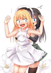 Rule 34 | 2girls, arm warmers, asashio (kancolle), black hair, blonde hair, blue eyes, blurry, blurry background, blush, bow, comiching, dress, flat chest, flat chest grab, flower, flying sweatdrops, grabbing, grabbing from behind, hands up, hat, hat bow, highres, jervis (kancolle), kantai collection, lily (flower), long hair, multiple girls, open mouth, sailor hat, school uniform, smile, suspenders, sweatdrop, tears, white dress, yuri