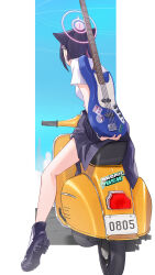 Rule 34 | 1girl, alternate costume, animal ears, bass guitar, black footwear, black hair, blue archive, boots, bumper sticker, cat ears, cityscape, clothes around waist, colored inner hair, commentary, earrings, english text, extra ears, facing back, full body, hair ornament, halo, highres, holding bass guitar, holding instrument, instrument, jacket, jacket around waist, jewelry, kazusa (band) (blue archive), kazusa (blue archive), license plate, moped, motor vehicle, multicolored hair, pink hair, pink halo, ranyu, scooter, shirt, sitting, solo, sticker, symbol-only commentary, t-shirt, two-tone hair, vespa, white shirt