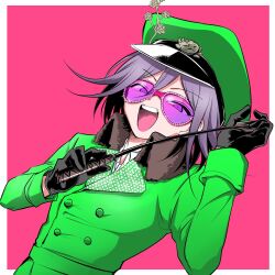 Rule 34 | 1boy, :d, alternate costume, black gloves, collared shirt, danganronpa (series), danganronpa v3: killing harmony, dutch angle, gloves, green hat, green jacket, hands up, hat, highres, holding, holding riding crop, jacket, looking at viewer, oma kokichi, open mouth, peaked cap, pink-tinted eyewear, pink background, riding crop, shachoo (poco poco), shirt, smile, solo, teeth, tinted eyewear, upper teeth only