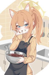 Rule 34 | 1girl, absurdres, animal ear fluff, animal ears, apron, black apron, blue archive, blue eyes, blush, chocolate, extra ears, fingernails, hair between eyes, halo, highres, indoors, long hair, long sleeves, looking at viewer, mari (blue archive), mixing bowl, orange hair, orange sweater, revision, solo, sweater, warabi mochi (w4rabimochi), whisk, yellow halo