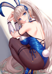 Rule 34 | 1girl, animal ears, arm strap, ass, bare shoulders, blue footwear, breasts, brown pantyhose, closed mouth, earrings, fake animal ears, from behind, high heels, highres, jewelry, large breasts, leotard, long hair, looking at viewer, looking back, original, pantyhose, playboy bunny, ponytail, rabbit ears, rabbit tail, sakiyamama, smile, solo, squatting, tail, thighs, very long hair