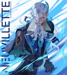 Rule 34 | 1boy, artist name, ascot, asymmetrical bangs, aura, black capelet, black coat, black gloves, blue gemstone, blue hair, brooch, capelet, character name, coat, commentary, cowboy shot, english commentary, fangs, feather hair ornament, feathers, frilled sleeves, frills, gem, genshin impact, gloves, glowing, glowing eyes, gradient clothes, hair between eyes, hair ornament, highres, jewelry, lapels, light particles, long hair, long sleeves, looking at viewer, male focus, multicolored hair, natyraart, neuvillette (genshin impact), own hands together, parted lips, peaked lapels, pink eyes, pointy ears, serious, sleeve cuffs, slit pupils, solo, streaked hair, teeth, white ascot, white background, white hair