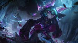 Rule 34 | 1girl, 1other, absurdres, animal ears, artist request, boots, chain, ears through headwear, flower, glowing, glowing eyes, grass, green hair, hair between eyes, highres, hood, hood up, jewelry, jitome, leaf, league of legends, living shadow, long sleeves, necklace, night, official art, outdoors, pale skin, plant, purple eyes, rose, sitting, sleeves past wrists, very long sleeves, vex (league of legends)