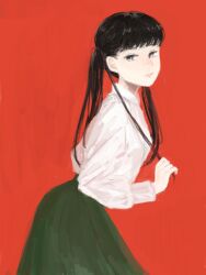 Rule 34 | 1girl, bad source, black hair, black skirt, character request, closed mouth, copyright request, from side, green skirt, grey eyes, long hair, long sleeves, looking at viewer, oekaki, red background, ruq237, shirt, simple background, skirt, solo, twintails, white shirt