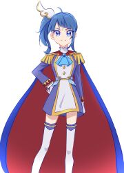 Rule 34 | 1girl, blue cape, blue eyes, blue hair, cape, commentary request, eyelashes, fpminnie1, gloves, hair ornament, happy, high ponytail, high side ponytail, highres, hirogaru sky! precure, long hair, looking at viewer, ponytail, precure, side ponytail, simple background, sketch, smile, solo, sora harewataru, standing, thighhighs, thighs, uniform, white background, white gloves