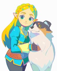 Rule 34 | 1girl, animal, black legwear, blonde hair, blush, braid, breasts, cowboy shot, denaseey, dog, fluffy, gloves, high collar, long hair, long sleeves, looking at viewer, nintendo, parted bangs, pointy ears, princess zelda, puppy, simple background, smile, solo, the legend of zelda, the legend of zelda: breath of the wild, thick eyebrows, white background