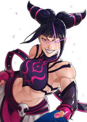 Rule 34 | 1girl, abs, absurdres, baggy pants, black hair, blunt bangs, bracelet, breasts, chaps, chinese clothes, drill hair, dudou, efd, evil smile, fingerless gloves, gloves, halterneck, han juri, highres, jewelry, large breasts, looking at viewer, muscular, muscular female, padded gloves, pants, pov, purple eyes, shirt grab, sideboob, smile, solo, sparkling eyes, spiked bracelet, spikes, street fighter, street fighter iv (series), teeth, twin drills