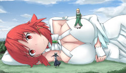Rule 34 | 10s, 3girls, blonde hair, bow, bowtie, breasts, cleavage, cloud, day, dress, emerald (stone), frown, gem, giant, giantess, hair ornament, highres, izetta, jewelry, large breasts, long hair, looking at viewer, lotte (shuumatsu no izetta), lying, maid, matching hair/eyes, multiple girls, on side, ortfine fredericka von eylstadt, outdoors, red eyes, red hair, short hair, shuumatsu no izetta, sitting, sky, smile, standing, terada ochiko, white bow, white dress