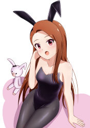 Rule 34 | 1girl, animal ears, arm support, bad id, bad pixiv id, black hairband, black leotard, black pantyhose, blush, breasts, brown hair, cleavage, collarbone, fake animal ears, hairband, highres, idolmaster, idolmaster (classic), leotard, long hair, minase iori, open mouth, pantyhose, playboy bunny, rabbit ears, red eyes, runmo77, simple background, sitting, small breasts, solo, strapless, strapless leotard, stuffed animal, stuffed toy, very long hair, white background