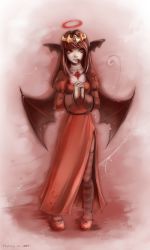 Rule 34 | 1girl, alternate color, black thighhighs, black wings, breasts, brown hair, closed mouth, commentary, cross, dark halo, demon wings, diadem, dress, ekaterina orange, english commentary, flower, flower in mouth, full body, habit, halo, head wings, interlocked fingers, long hair, looking at viewer, medium breasts, opencanvas (medium), own hands together, photoshop (medium), priest (ragnarok online), ragnarok online, red dress, red eyes, red flower, red footwear, red halo, red thighhighs, shoes, solo, standing, striped clothes, striped thighhighs, thighhighs, wings
