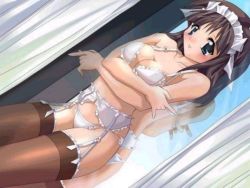 Rule 34 | 1girl, :d, active soft (company), black hair, blue eyes, blush, bra, breast hold, breasts, brown thighhighs, cloud, collarbone, cowboy shot, crossed arms, curtains, day, dutch angle, frilled bra, frilled panties, frilled thighhighs, frills, from side, game cg, garter belt, garter straps, holding own arm, indoors, kazakami shun, lingerie, looking at viewer, m/, maid, maid headdress, o-ring, o-ring bottom, o-ring top, open mouth, panties, reflection, sky, smile, solo, standing, star graduation, string panties, tear (star graduation), thighhighs, tia (star graduation), underwear, underwear only, white bra, white panties, window