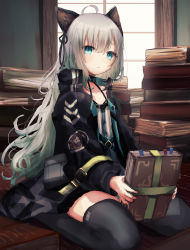 Rule 34 | 1girl, ahoge, animal ears, arknights, black collar, black jacket, black ribbon, black thighhighs, blue eyes, book, book stack, cat ears, cat girl, collar, dress, grey hair, hair ribbon, highres, holding, holding book, infection monitor (arknights), jacket, jio (baku zugogo), long hair, long sleeves, looking at viewer, mint (arknights), open clothes, open jacket, ribbon, seiza, sitting, solo, thighhighs, very long hair, white dress