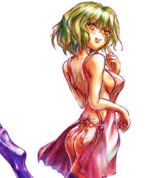 Rule 34 | 1girl, apron, ass, back, breasts, feet, female focus, finger to face, flower, green hair, juuka@100neko, kazami yuuka, large breasts, looking back, messy hair, naked apron, purple thighhighs, short hair, smile, solo, sunflower, thighhighs, touhou, yellow eyes