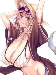 Rule 34 | 1girl, animal ear fluff, animal ears, arknights, arms up, bare shoulders, bikini, black shirt, breasts, clenched hand, commentary request, eyewear on head, grey bikini, hat, highres, huge breasts, jewelry, light brown hair, long hair, looking at viewer, navel, necklace, off shoulder, official alternate costume, open clothes, open mouth, open shirt, parted lips, purple eyes, shirt, simple background, smile, solo, stomach, straw hat, striped bikini, striped clothes, sunglasses, suterii, swimsuit, swimsuit cover-up, tail, upper body, utage (arknights), utage (summer flowers) (arknights), white background