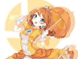 Rule 34 | 1girl, artist name, blue eyes, breasts, brooch, brown hair, clenched hand, crown, dress, earrings, flower, flower earrings, frills, gloves, highres, holding, holding umbrella, jewelry, lace trim, lazoomaiga, long hair, looking at viewer, mario (series), medium breasts, nintendo, open mouth, orange theme, orange umbrella, parasol, princess daisy, short sleeves, simple background, smile, solo, super mario land, super smash bros., umbrella, white background, white gloves, yellow dress