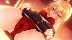 Rule 34 | 1girl, ahoge, bare shoulders, blonde hair, blue eyes, blush, bra, breasts, cameltoe, chobipero, clothes lift, female focus, from below, game cg, giuniu, gluteal fold, groin, hair between eyes, hinekuremono no gakuen seishun monogatari, indoors, kominato mizuki, legs, lifting own clothes, looking at viewer, medium hair, naughty face, open clothes, open mouth, original, panties, pussy juice, red bra, red panties, rozea, skirt, skirt lift, small breasts, smile, solo, standing, thighs, underwear, wet, wet clothes, wet panties