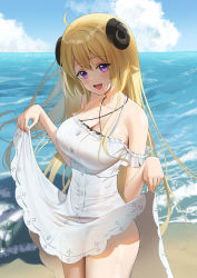 Rule 34 | 1girl, beach, blonde hair, blush, breasts, clothes lift, dress, highres, hololive, horns, large breasts, lifted by self, long hair, looking at viewer, ocean, open mouth, purple eyes, ri qing, smile, solo, thighs, tsunomaki watame, virtual youtuber