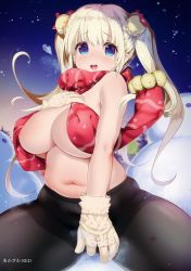 Rule 34 | 1girl, absurdres, akazawa red, blonde hair, blue eyes, blush, breasts, cleavage, embarrassed, gloves, highres, large breasts, long hair, melonbooks, navel, night, open mouth, original, pantyhose, plump, snowman, solo, tongue, topless, twintails