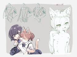 Rule 34 | 2girls, :3, animal ears, arm around shoulder, bag, blue bow, blue bowtie, blue eyes, blue hair, bow, bowtie, breasts, brown hair, cat ears, cat tail, closed eyes, collared shirt, dated, furry, furry female, hair ornament, hairclip, highres, makibtaa, multiple girls, no nipples, open mouth, original, partially colored, school bag, school uniform, shirt, short sleeves, striped bow, striped bowtie, striped clothes, tail, variations, white shirt