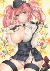 Rule 34 | 1girl, atlanta (kancolle), black eyes, black skirt, blush, breasts, earrings, flower, garrison cap, garter straps, gloves, hat, headgear, highres, jewelry, kantai collection, large breasts, long hair, looking at viewer, marker (medium), open clothes, partially fingerless gloves, pink hair, rudder footwear, saya pr, shirt, simple background, single earring, sitting, skirt, solo, star (symbol), star earrings, suspender skirt, suspenders, suspenders pull, traditional media, two side up