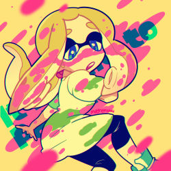 Rule 34 | 1girl, :o, alternate eye color, artist name, bad id, bad pixiv id, black pants, blonde hair, blue eyes, company connection, creatures (company), facepaint, game freak, inkling, inkling player character, long hair, mayhem444, mina (pokemon), nintendo, no nose, open mouth, oversized clothes, oversized shirt, paint, pants, pokemon, pokemon sm, shirt, shoes, short eyebrows, short sleeves, simple background, sneakers, solo, splatoon (series), splatoon 1, teeth, tentacle hair, text background, text focus, thick eyebrows, trial captain, white shirt, yellow background