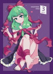 Rule 34 | 1girl, absurdres, aqua eyes, bare shoulders, barefoot, black dress, bow, character name, dated, dress, frilled dress, frills, front ponytail, hair bow, hair ribbon, heart, highres, kagiyama hina, looking at viewer, purple background, red bow, red ribbon, ribbon, solo, touhou, xiongmao yezi