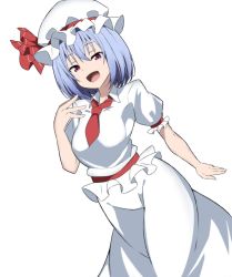 Rule 34 | 1girl, :d, ascot, blue hair, breasts, hat, hat ribbon, highres, looking at viewer, mob cap, open mouth, red ascot, red eyes, red ribbon, remilia scarlet, ribbon, shirt, short hair, skirt, smile, solo, star (symbol), touhou, to~fuya, white background, white hat, white shirt, white skirt