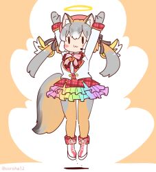 Rule 34 | 1girl, angel, angel wings, animal ears, arms up, boots, bow, bowtie, brown hair, coroha, extra ears, fox ears, fox girl, fox tail, full body, gloves, grey hair, hat, island fox (kemono friends), jacket, jumping, kemono friends, kemono friends v project, lifelikealive, long hair, looking at viewer, microphone, orange background, pantyhose, ribbon, shirt, simple background, skirt, solo, tail, twintails, virtual youtuber, wings