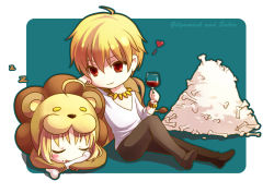 Rule 34 | ahoge, alcohol, animal costume, artoria pendragon (all), blonde hair, bone, chibi, fate/stay night, fate/tiger colosseum, fate (series), gilgamesh (fate), heart, jewelry, necklace, official alternate costume, red eyes, saber lion, short hair, sleeping, wine, xinya