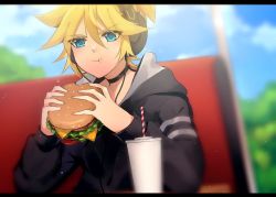 Rule 34 | 1boy, bad id, bad twitter id, black jacket, blonde hair, blue eyes, blurry, blurry background, booth seating, burger, cable, closed eyes, collar, commentary, cup, day, disposable cup, eating, ei flow, english commentary, food, headphones, holding, holding food, hood, hooded jacket, jacket, kagamine len, letterboxed, male focus, sitting, solo, spiked hair, upper body, vocaloid