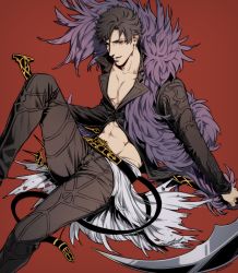 Rule 34 | 1boy, abs, absurdres, anderain, belial (granblue fantasy), black hair, black shirt, feather boa, granblue fantasy, highres, male focus, midriff, pectoral cleavage, pectorals, red background, red eyes, scythe, shirt, sitting, solo