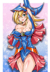 Rule 34 | 1girl, ;d, absurdres, arm up, bare shoulders, blonde hair, border, breasts, capelet, choker, cleavage, collarbone, commentary, cowboy shot, dark magician girl, dress, duel monster, frilled dress, frills, green eyes, hair between eyes, helmet, hexagram, highres, large breasts, long hair, looking at viewer, magical girl, off-shoulder dress, off shoulder, one eye closed, open mouth, pink choker, sangyou haikibutsu a, shiny clothes, shiny skin, smile, solo, sparkle, star of david, v-shaped eyebrows, white border, yu-gi-oh!