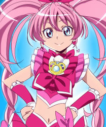 Rule 34 | 10s, 1girl, blue background, blue eyes, brooch, choker, cure melody, earrings, hands on own hips, heart, heart earrings, houjou hibiki, jewelry, long hair, looking at viewer, magical girl, midriff, navel, oimanji, pink hair, precure, smile, solo, suite precure, twintails