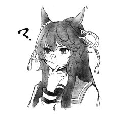 Rule 34 | 1girl, ?, animal ears, bandaid, bandaid on face, bandaid on nose, closed mouth, cropped torso, greyscale, hair between eyes, highres, horse ears, long hair, long sleeves, looking away, mame nabe donko, monochrome, mouth hold, narita brian (umamusume), ponytail, school uniform, shirt, simple background, solo, stalk in mouth, tracen school uniform, umamusume, upper body, white background