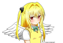 Rule 34 | 1girl, angel wings, aqua bow, aqua bowtie, artist name, blonde hair, blush, bow, bowtie, closed mouth, collared shirt, commentary, frown, hair intakes, jitome, konjiki no yami, long hair, looking at viewer, sainan high school uniform, school uniform, shirt, short sleeves, sidelocks, simple background, solo, straight hair, to love-ru, two side up, upper body, user spdw4234, v-shaped eyebrows, white background, white shirt, white wings, wings